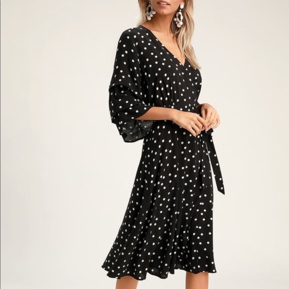 Black and White Polka Dot Wrap Midi Dress